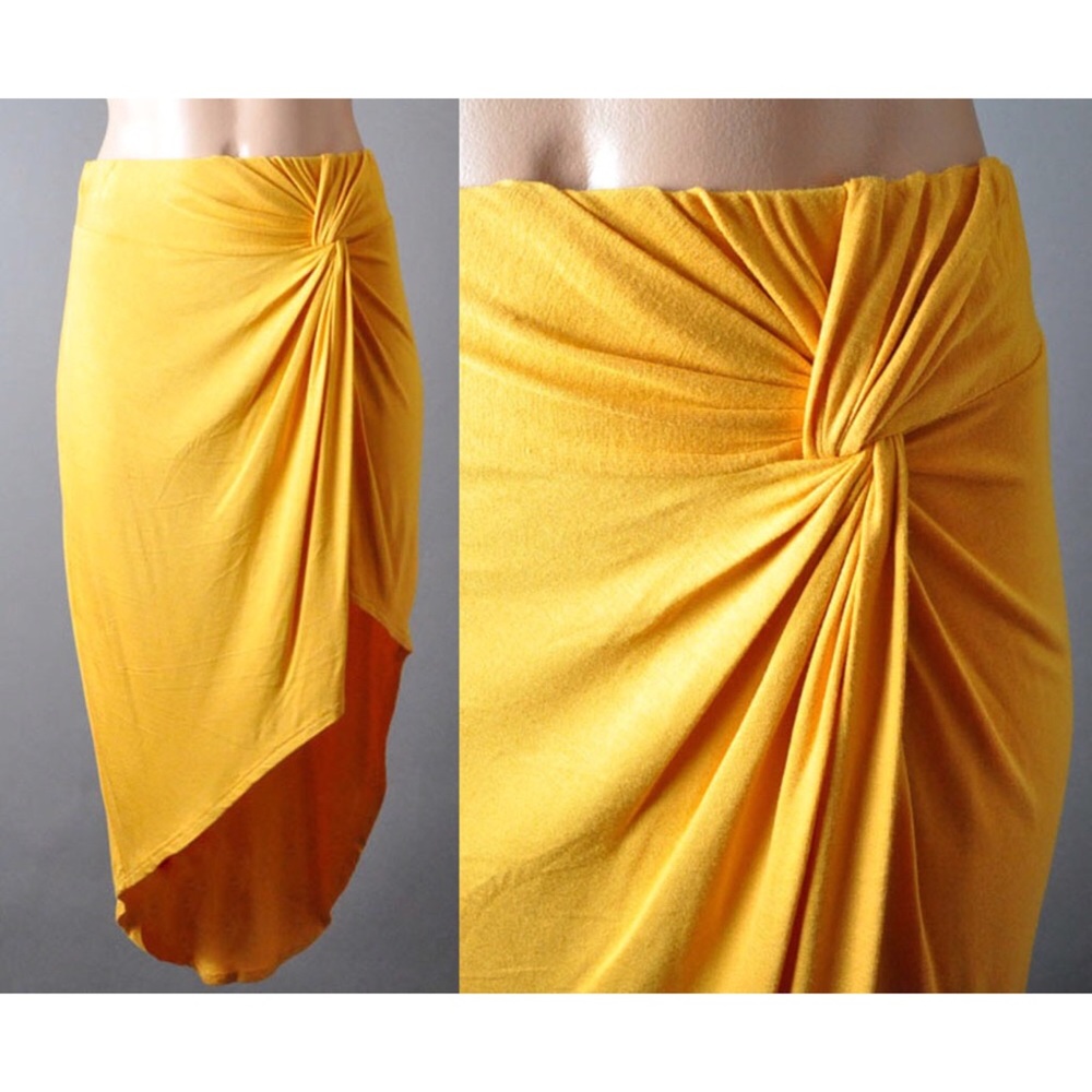 Yellow Women Stretch Pleated Casual Draped Sexy High Front Slit Asymmetric Skirt